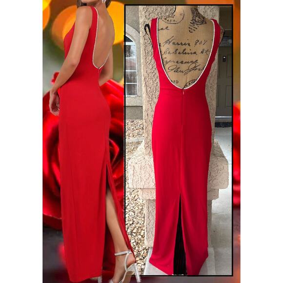 Lulus Timeless Poise Red Rhinestone Square Neck Backless Maxi Dress Size S - Picture 4 of 12